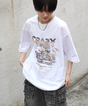 25SS バイク ヴィンテージライク ピグメント加工 アメカジ風 レトロプリント ロックTシャツ