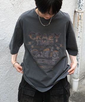 25SS バイク ヴィンテージライク ピグメント加工 アメカジ風 レトロプリント ロックTシャツ