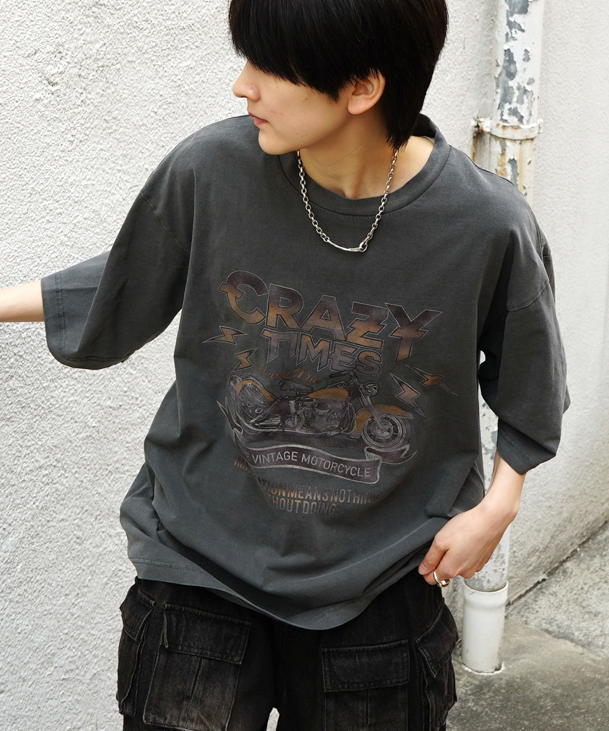 25SS バイク ヴィンテージライク ピグメント加工 アメカジ風 レトロプリント ロックTシャツ