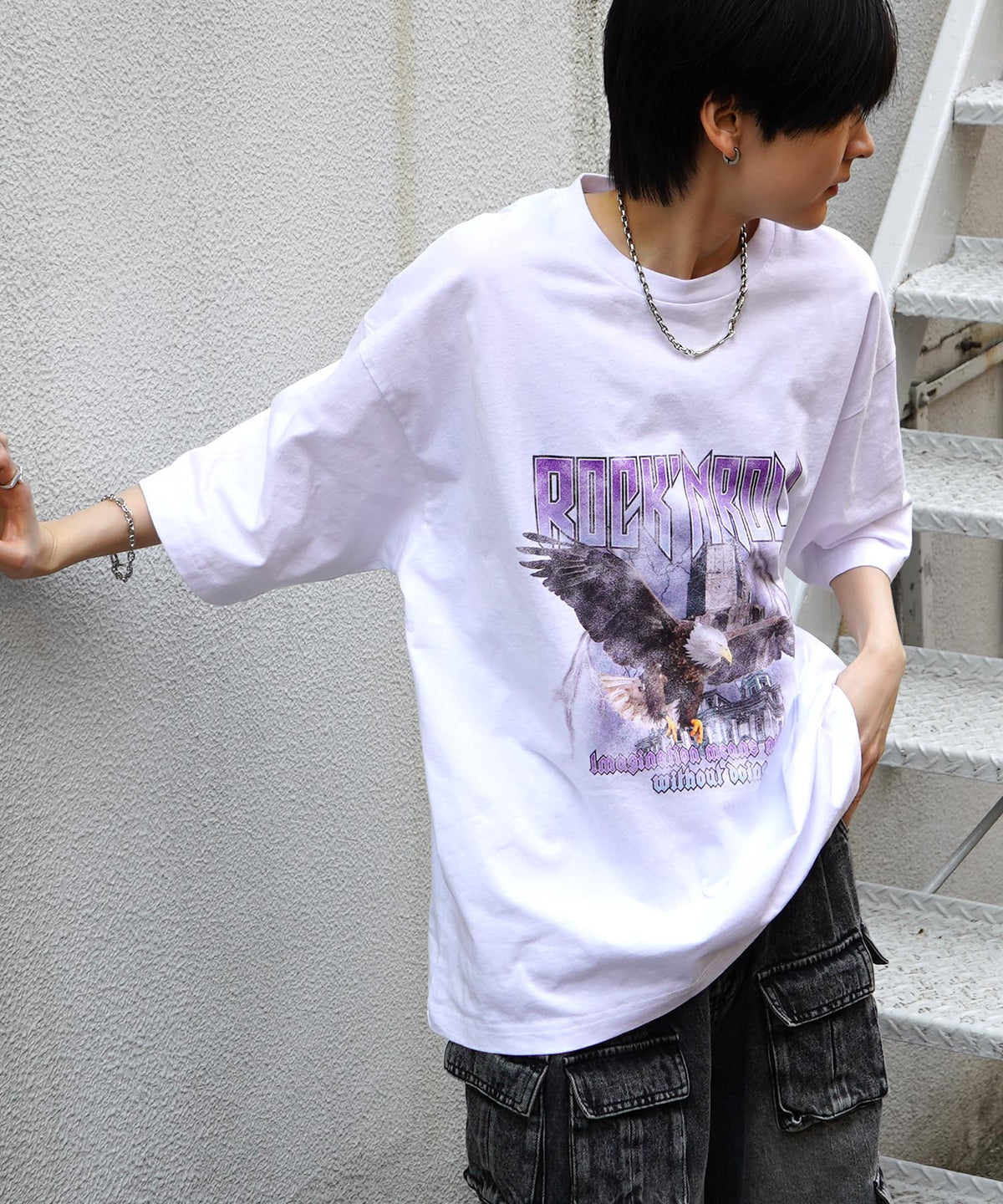 25SS イーグル ヴィンテージライク ピグメント加工 アメカジ風 レトロプリント ロックTシャツ