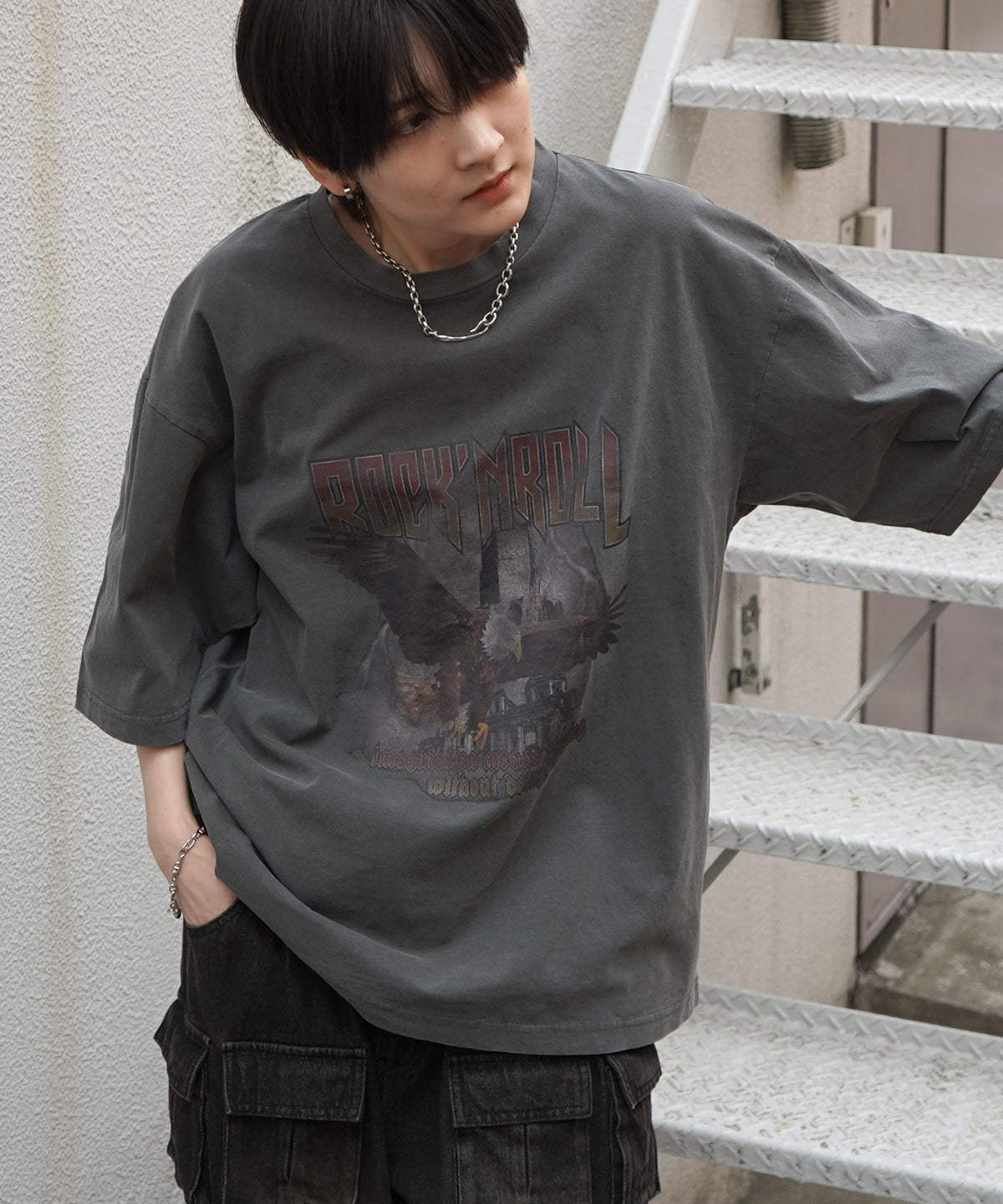 25SS イーグル ヴィンテージライク ピグメント加工 アメカジ風 レトロプリント ロックTシャツ