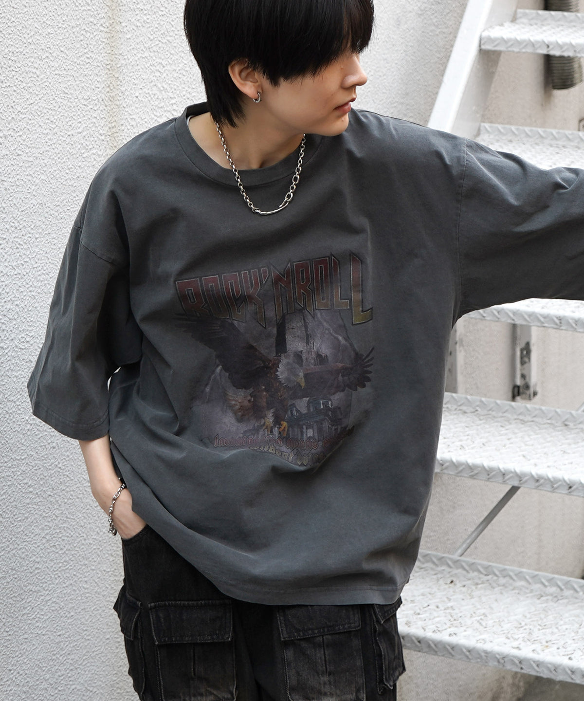 25SS イーグル ヴィンテージライク ピグメント加工 アメカジ風 レトロプリント ロックTシャツ