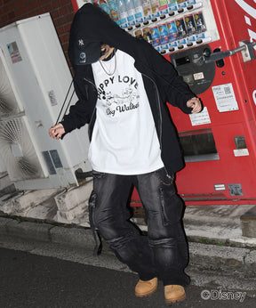 【Disney / ディズニー】ミッキー ヴィンテージライク レトログラフィック 古着風クラックプリント ビッグシルエット ラグランロンT