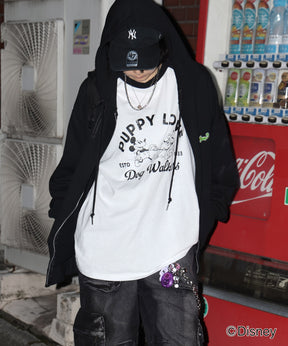 【Disney / ディズニー】ミッキー ヴィンテージライク レトログラフィック 古着風クラックプリント ビッグシルエット ラグランロンT