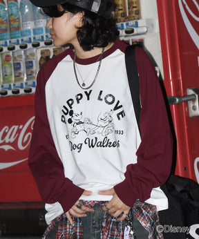 【Disney / ディズニー】ミッキー ヴィンテージライク レトログラフィック 古着風クラックプリント ビッグシルエット ラグランロンT