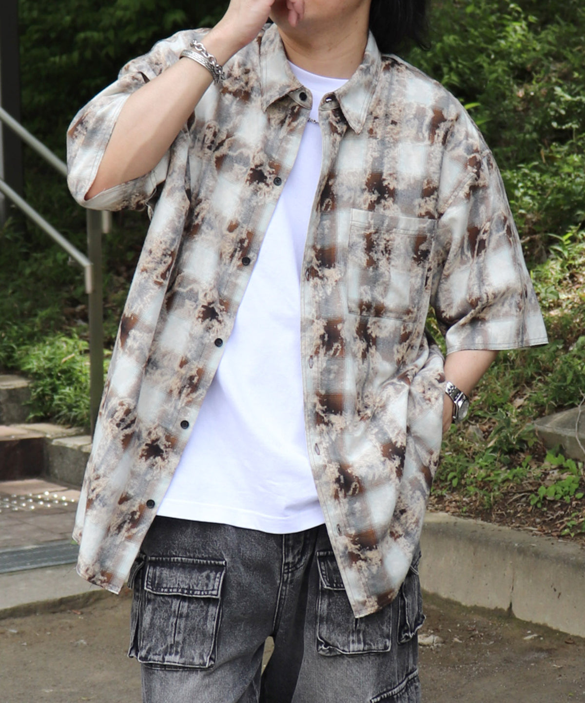 25SS ウォッシュ加工 半袖チェックシャツ