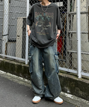 ヴィンテージライク ロックプリント レトロ ピグメント加工 ビッグシルエット半袖バンドTシャツ