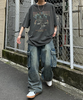 ヴィンテージライク ロックプリント レトロ ピグメント加工 ビッグシルエット半袖バンドTシャツ