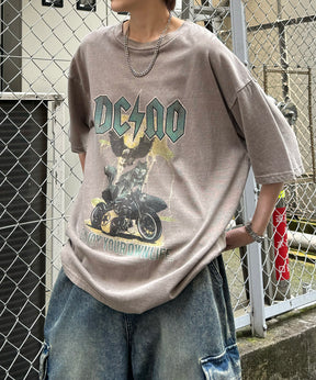 ヴィンテージライク ロックプリント レトロ ピグメント加工 ビッグシルエット半袖バンドTシャツ