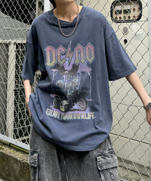 ヴィンテージライク ロックプリント レトロ ピグメント加工 ビッグシルエット半袖バンドTシャツ