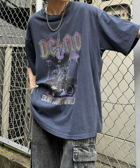 ヴィンテージライク ロックプリント レトロ ピグメント加工 ビッグシルエット半袖バンドTシャツ