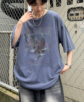 ヴィンテージライク ロックプリント レトロ ピグメント加工 ビッグシルエット半袖バンドTシャツ