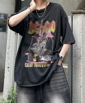 ヴィンテージライク ロックプリント レトロ ピグメント加工 ビッグシルエット半袖バンドTシャツ
