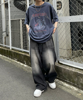 ヴィンテージライク ロックプリント レトロ ピグメント加工 ビッグシルエット半袖バンドTシャツ