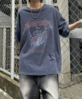 ヴィンテージライク ロックプリント レトロ ピグメント加工 ビッグシルエット半袖バンドTシャツ