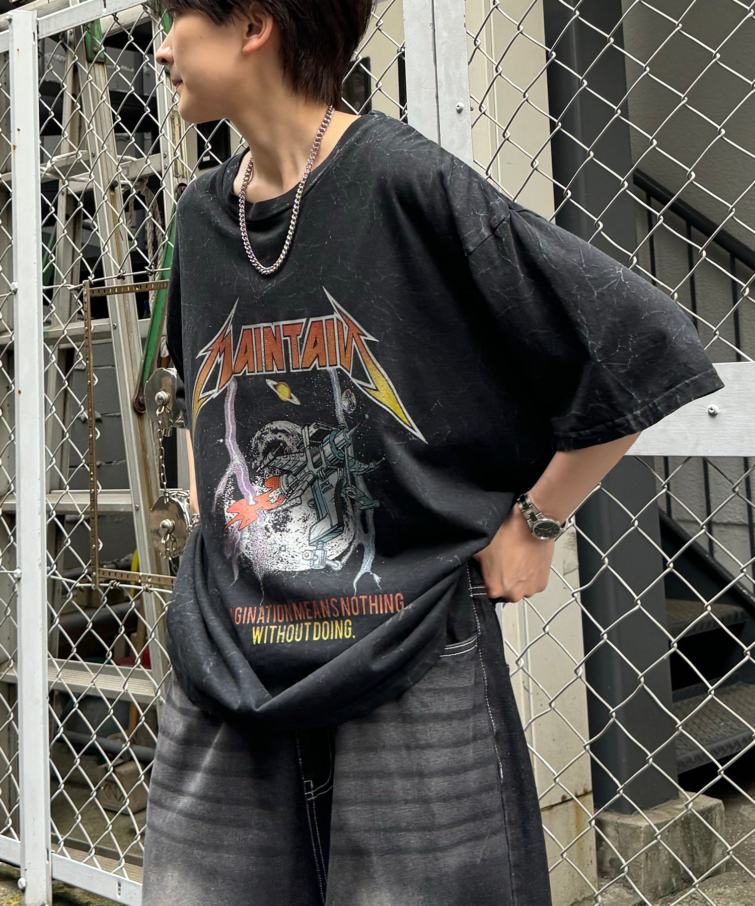 ヴィンテージライク ロックプリント レトロ ピグメント加工 ビッグシルエット半袖バンドTシャツ