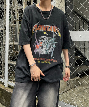 ヴィンテージライク ロックプリント レトロ ピグメント加工 ビッグシルエット半袖バンドTシャツ