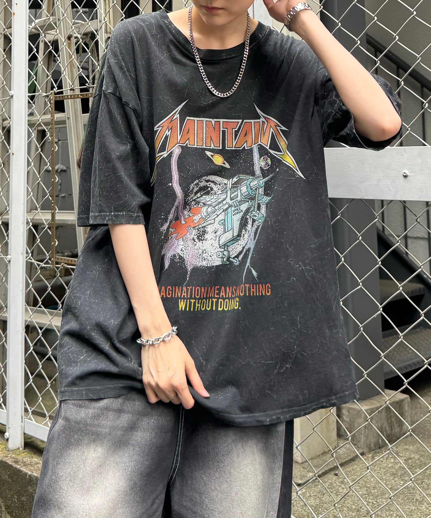 ヴィンテージライク ロックプリント レトロ ピグメント加工 ビッグシルエット半袖バンドTシャツ
