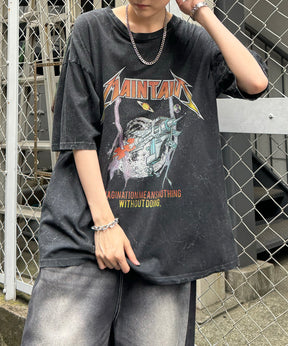 ヴィンテージライク ロックプリント レトロ ピグメント加工 ビッグシルエット半袖バンドTシャツ