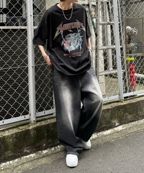 ヴィンテージライク ロックプリント レトロ ピグメント加工 ビッグシルエット半袖バンドTシャツ