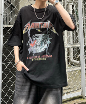 ヴィンテージライク ロックプリント レトロ ピグメント加工 ビッグシルエット半袖バンドTシャツ