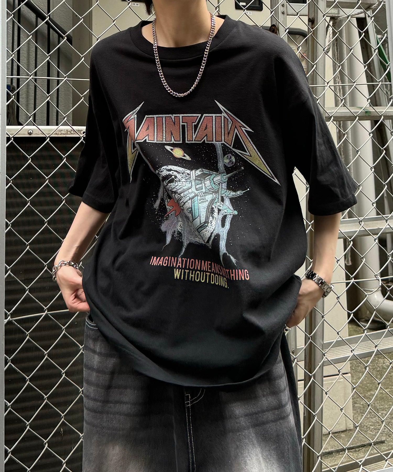 ヴィンテージライク ロックプリント レトロ ピグメント加工 ビッグシルエット半袖バンドTシャツ