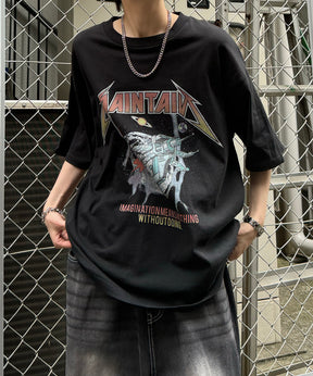ヴィンテージライク ロックプリント レトロ ピグメント加工 ビッグシルエット半袖バンドTシャツ