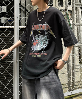 ヴィンテージライク ロックプリント レトロ ピグメント加工 ビッグシルエット半袖バンドTシャツ