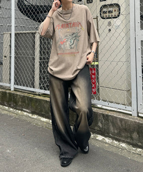 ヴィンテージライク ロックプリント レトロ ピグメント加工 ビッグシルエット半袖バンドTシャツ
