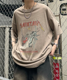 ヴィンテージライク ロックプリント レトロ ピグメント加工 ビッグシルエット半袖バンドTシャツ