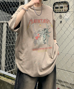 ヴィンテージライク ロックプリント レトロ ピグメント加工 ビッグシルエット半袖バンドTシャツ