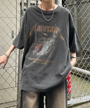 ヴィンテージライク ロックプリント レトロ ピグメント加工 ビッグシルエット半袖バンドTシャツ