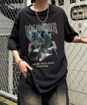 ヴィンテージライク ロックプリント レトロ ピグメント加工 ビッグシルエット半袖バンドTシャツ