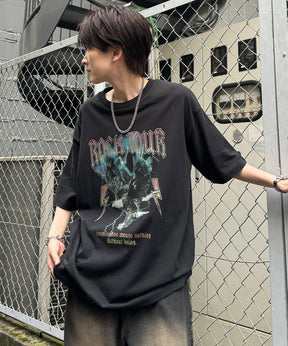ヴィンテージライク ロックプリント レトロ ピグメント加工 ビッグシルエット半袖バンドTシャツ