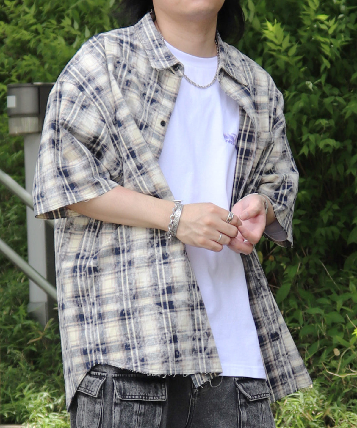 25SS ウォッシュ加工 半袖チェックシャツ