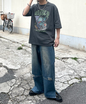 ヴィンテージライク ピグメント加工 アメカジ風 レトロプリント ロックTシャツ カットソー