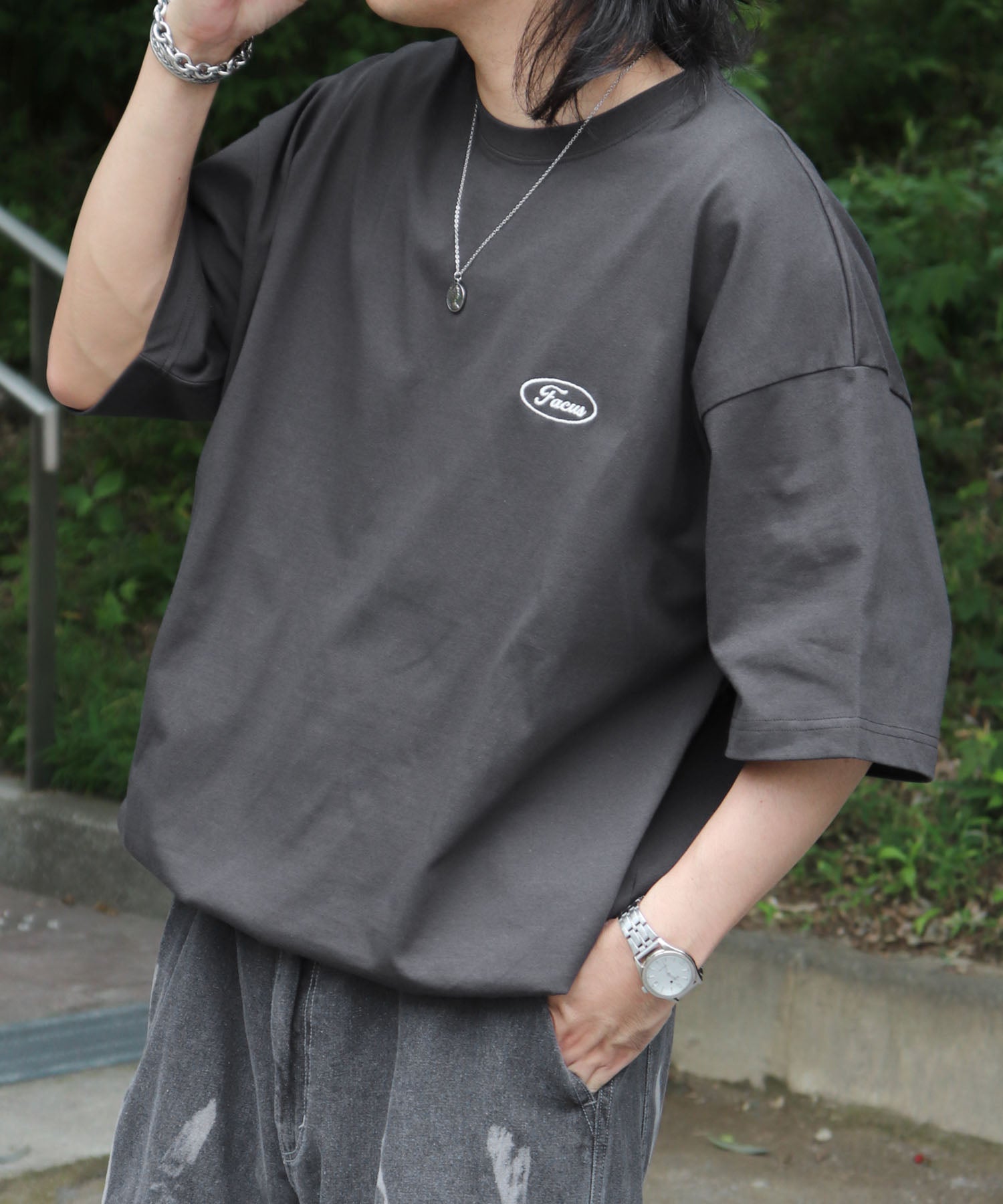 25SS ビッグシルエット ワンポイント刺繍 ドロスト 半袖Tシャツ