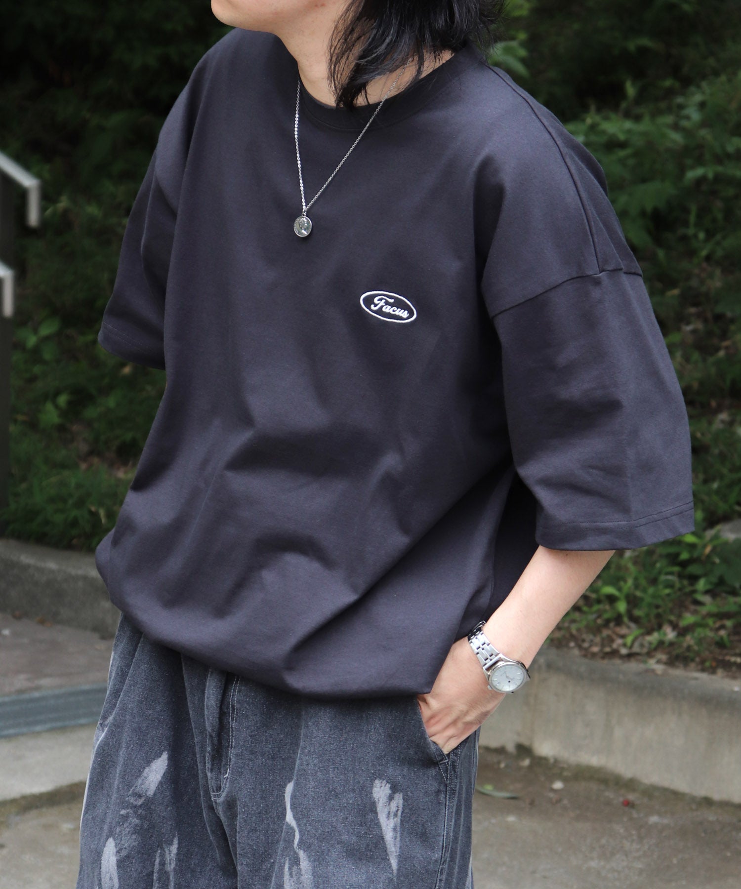 25SS ビッグシルエット ワンポイント刺繍 ドロスト 半袖Tシャツ