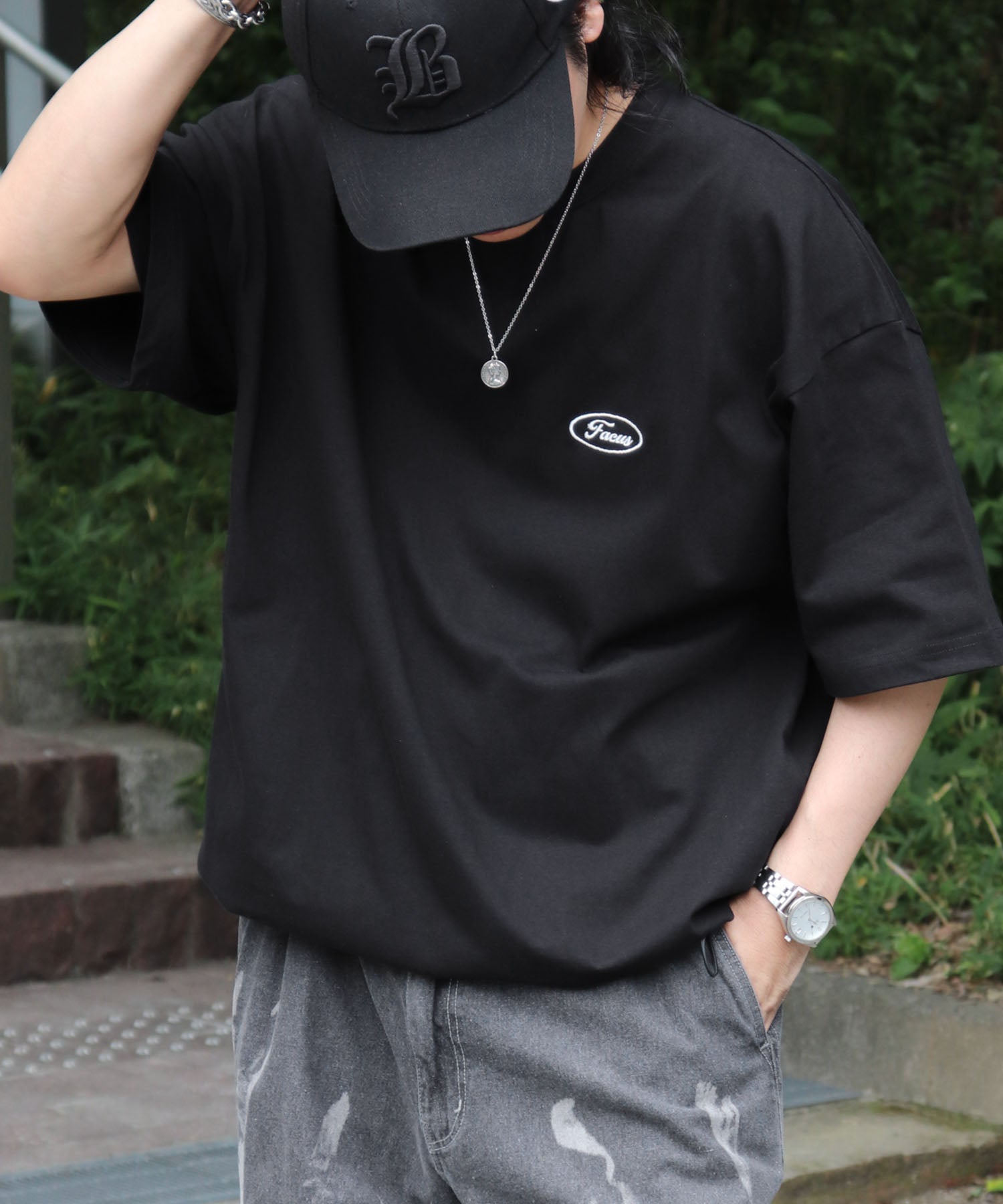 25SS ビッグシルエット ワンポイント刺繍 ドロスト 半袖Tシャツ