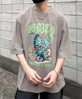 ヴィンテージライク ピグメント加工 アメカジ風 レトロプリント ロックTシャツ カットソー