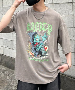 ヴィンテージライク ピグメント加工 アメカジ風 レトロプリント ロックTシャツ カットソー
