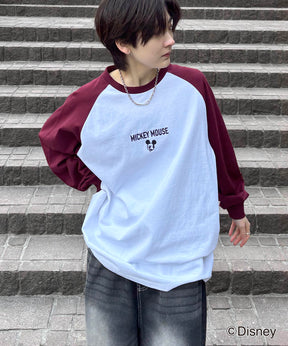 25SS Disney Mickey / ミッキー ヴィンテージライク フロント刺繍 ビッグシルエット ラグランロンT