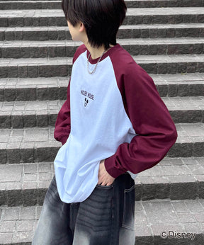 25SS Disney Mickey / ミッキー ヴィンテージライク フロント刺繍 ビッグシルエット ラグランロンT