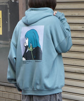 アームカバーガール イラストバックプリント / ワンポイント刺繍 ビッグシルエット プルオーバーパーカー