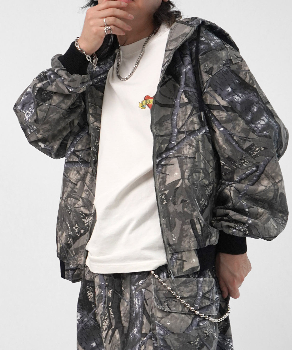 【Labordi / ラボード】ツリーカモ柄 リアルツリー / デニム / ケミカル加工 ボックスシルエット フーディー ミリタリーフードジャケット