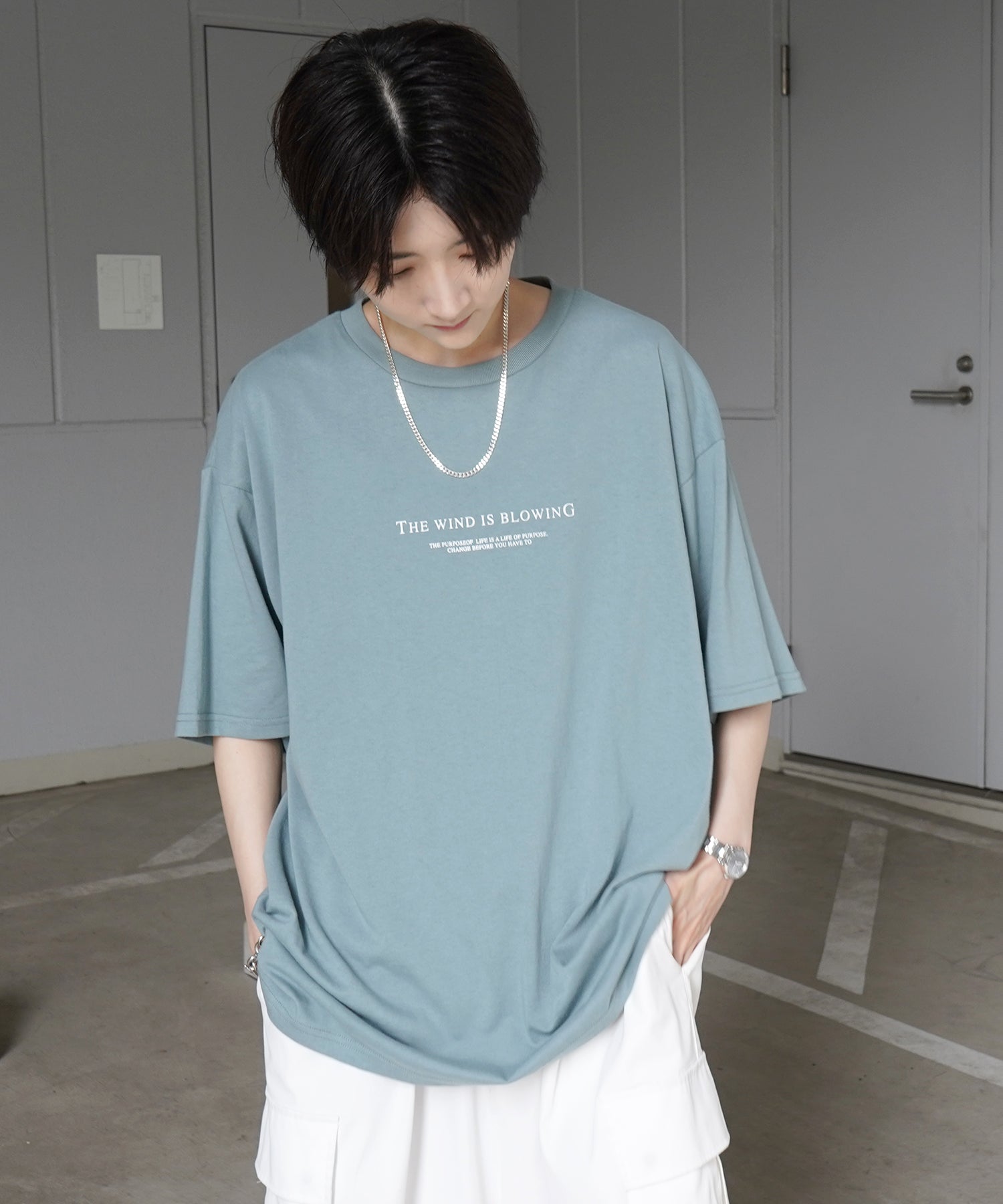 イラストバックプリント / ワンポイント刺繍ロゴ ビッグシルエット半袖Tシャツ