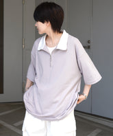 25SS ナチュラルドレープ とろみポンチ ルーズシルエット ドロスト ハーフジップ半袖Tシャツ