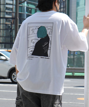 24SS レコードガール イラストバックプリント / ワンポイント刺繍 ビッグシルエット半袖Tシャツ