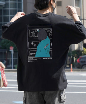24SS レコードガール イラストバックプリント / ワンポイント刺繍 ビッグシルエット半袖Tシャツ