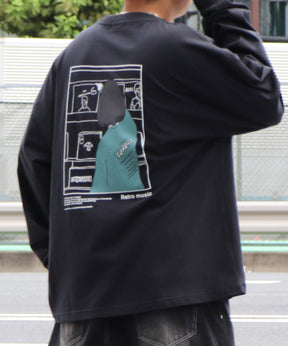 テレフォンガールイラストバックプリント / ワンポイント刺繍 ビッグシルエットロンT カットソー